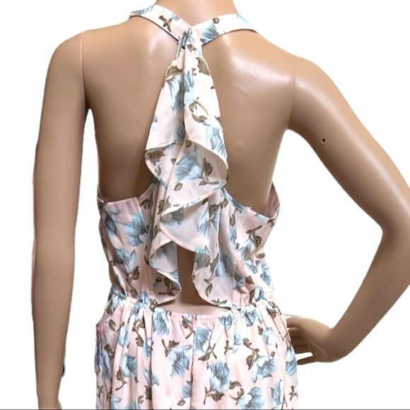 SOIEBLU WOMEN’S MAXI SLIT FLORAL RUFFLE HALTER V NECK PINK DRESS SIZE L - Picture 9 of 13